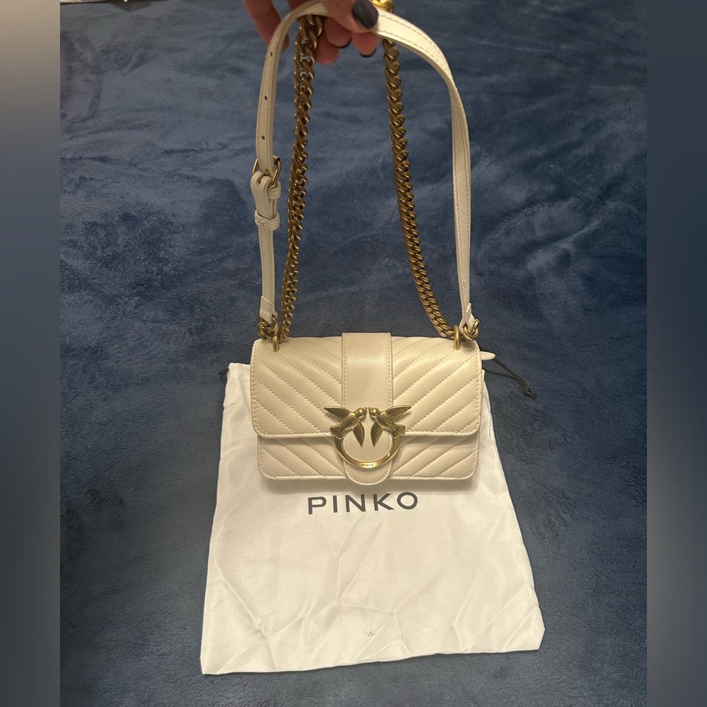 Pinko Ivory Quilted Crossbody Bag with Gold Accents
